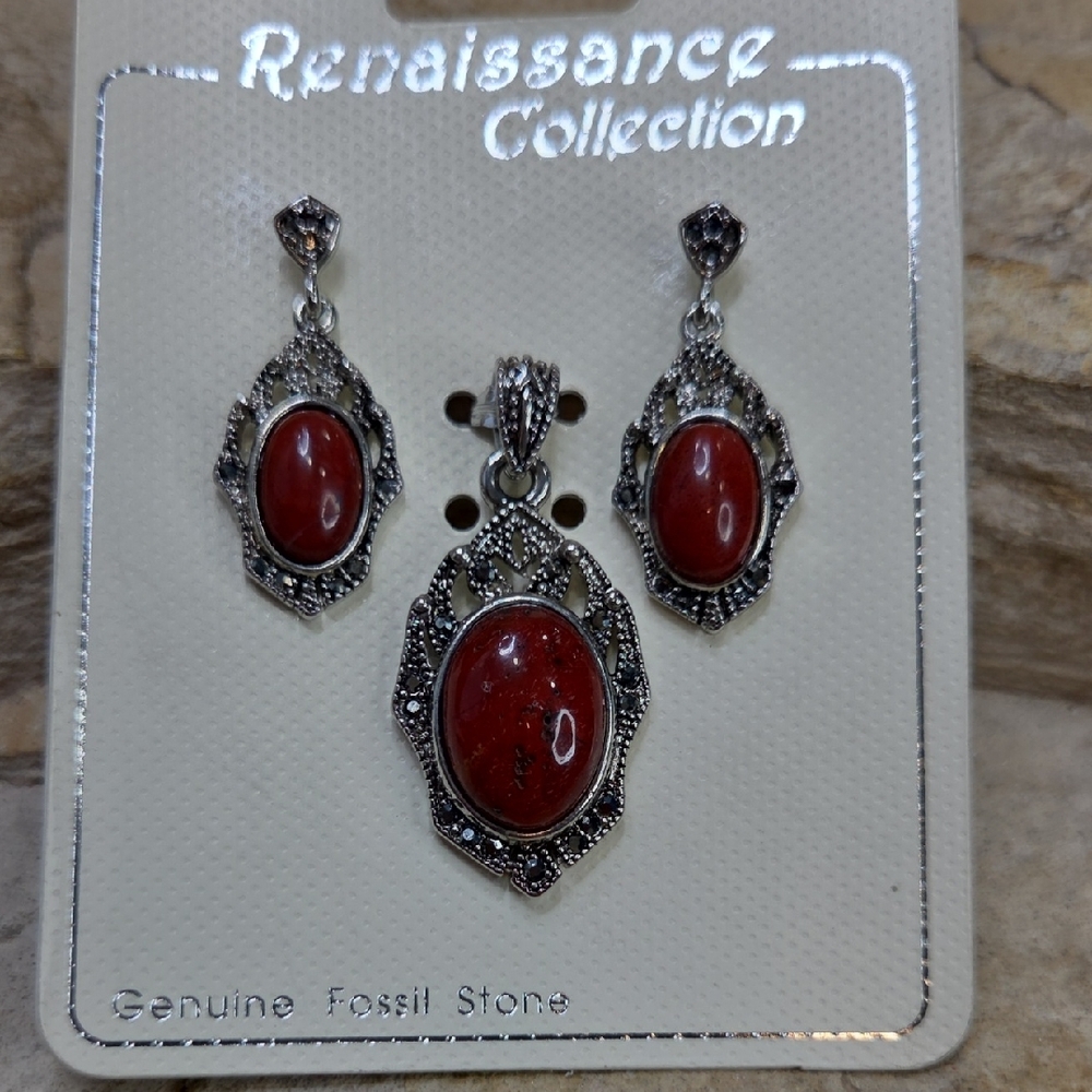 Genuine Fossil Stone And Marcasite Jewelry Set Pendant Earrings